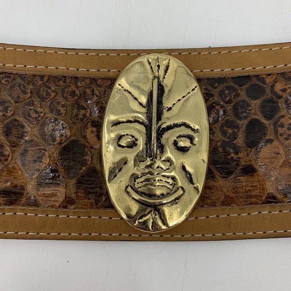 Enrico Creazioni Vintage Brown Leather Belt Snakeskin Brass Face Mask 32\